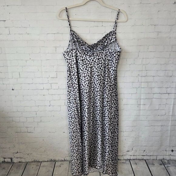 Bebe Black White Ditzy Floral Midi Slip Dress Size L Stretch Satin NEW Cowl Neck - Picture 5 of 10